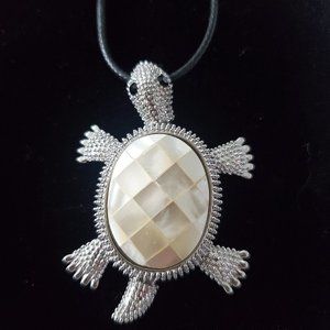 NEW Mother-of-pearl Tortoise Pendant Black Corded Necklace Silver Tone Hobnail